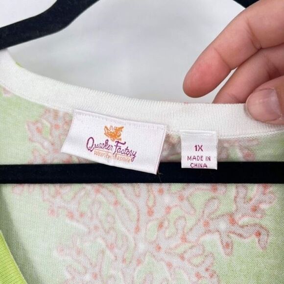 Quacker Factory Rhinestones Button Front Short Sleeve‎ Cardigan Green Orange 1X - Picture 9 of 11